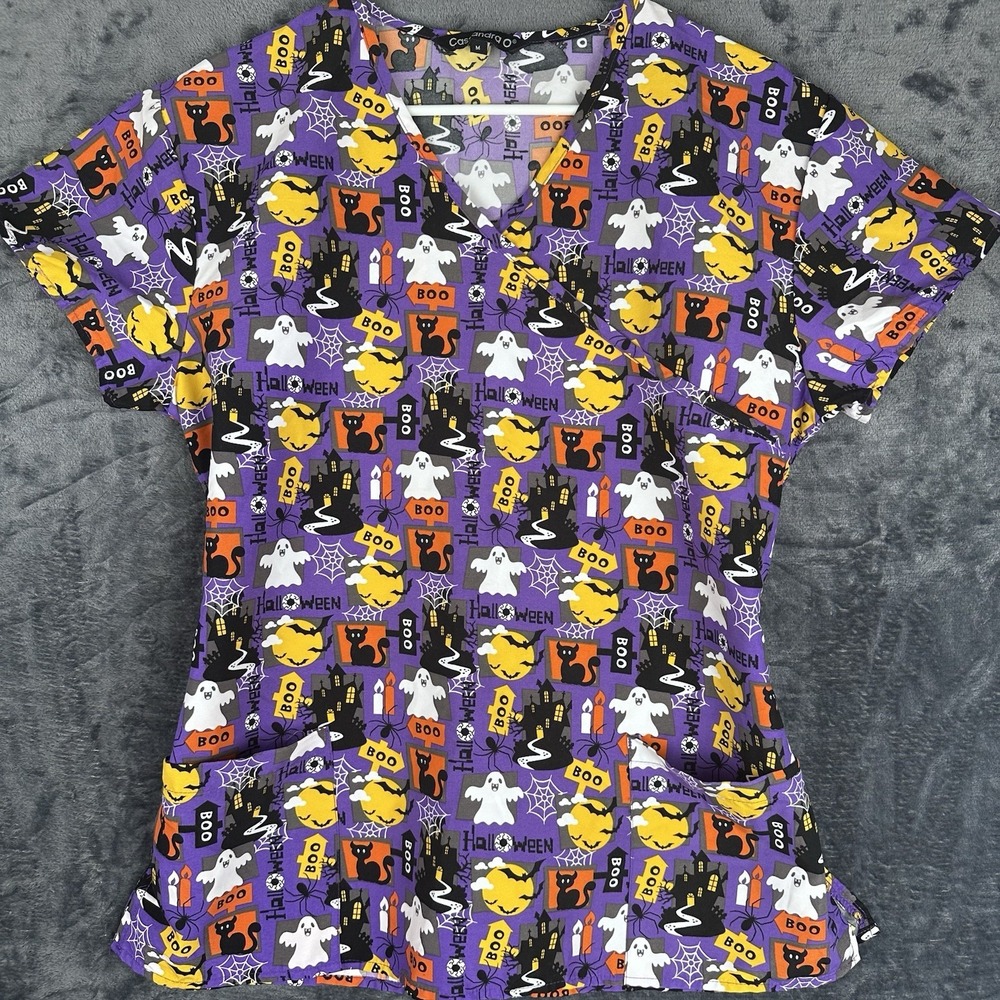 Women's Size M Cassandra O Happy Halloween 2 Pocket Scrub Top Shirt Uniform